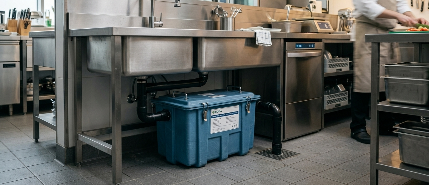Cara Kerja Pemisahan Lemak Grease Trap Fiber Proses pemisahan lemak dan minyak pada grease trap dapur komersial