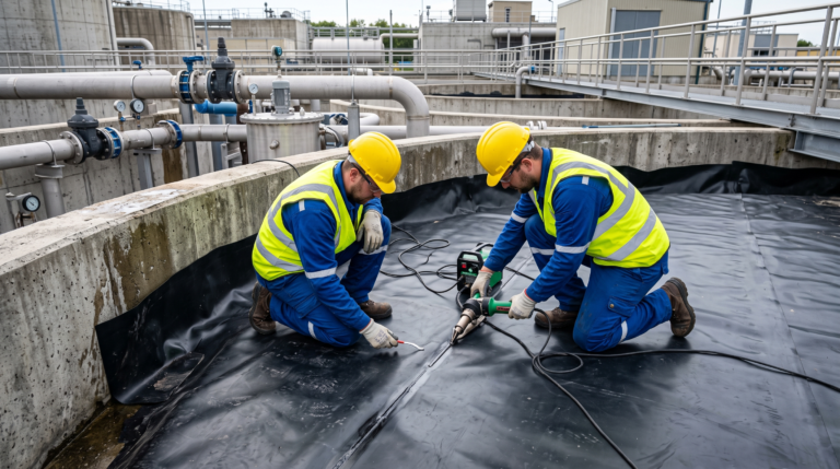 Teknisi memasang geomembrane HDPE pada tangki WWTP untuk mengatasi kebocoran dan melindungi sistem pengolahan air limbah industri.