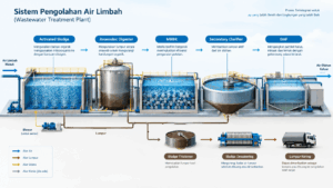 Desain teknis WWTP dengan proses activated sludge, anaerobic digester, MBBR, dan DAF