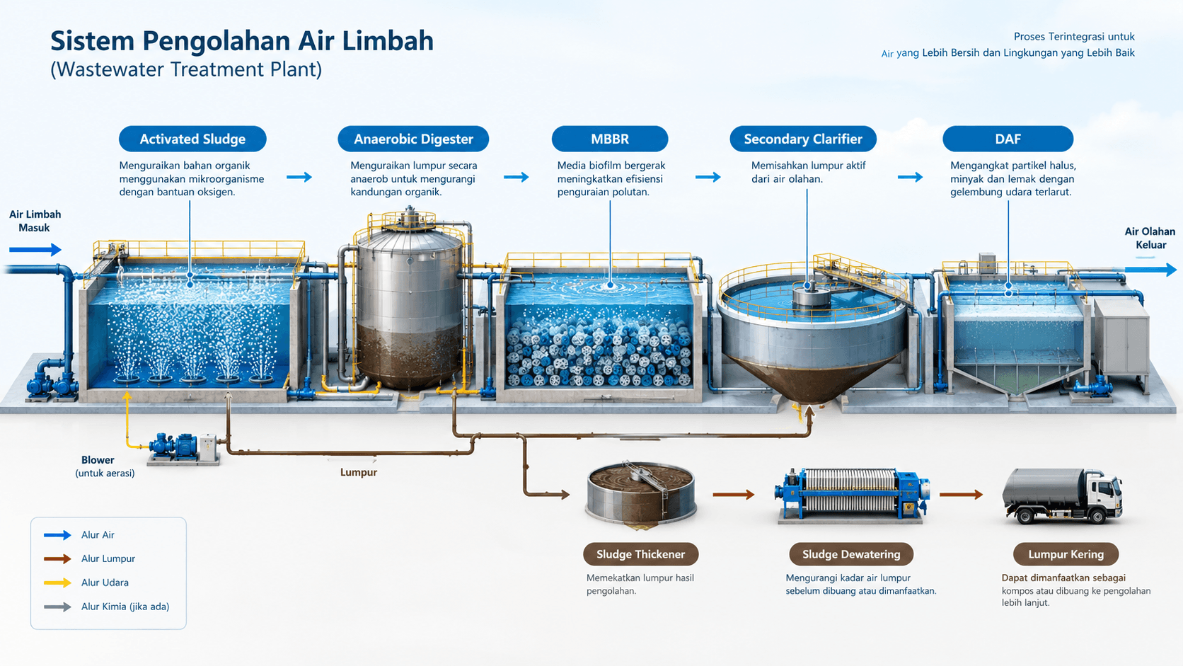 Desain teknis WWTP dengan proses activated sludge, anaerobic digester, MBBR, dan DAF