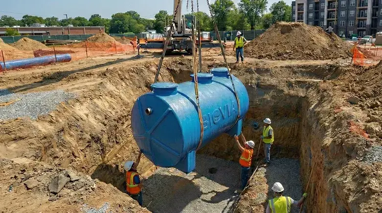 Instalasi Unit Pengolahan Air Limbah pada Lokasi Proyek Instalasi unit pengolahan air limbah fiberglass terpasang pada lokasi proyek