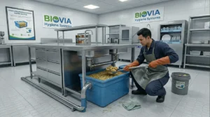 Teknisi melakukan perawatan grease trap dengan membersihkan lemak dan endapan untuk mencegah bau pada dapur komersial.